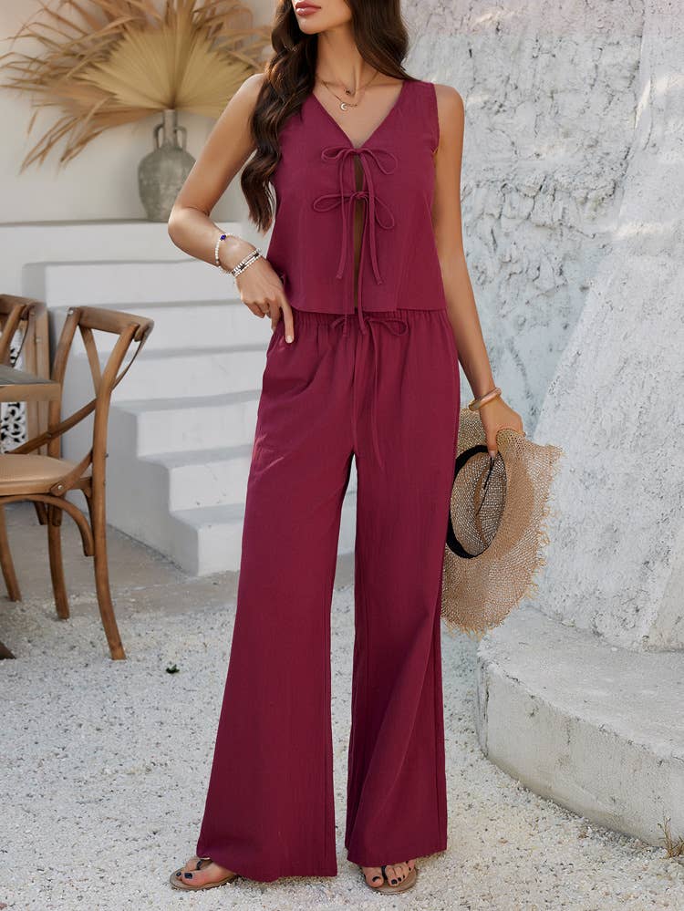 Casual sleeveless lace-up vest wide leg pantsuit