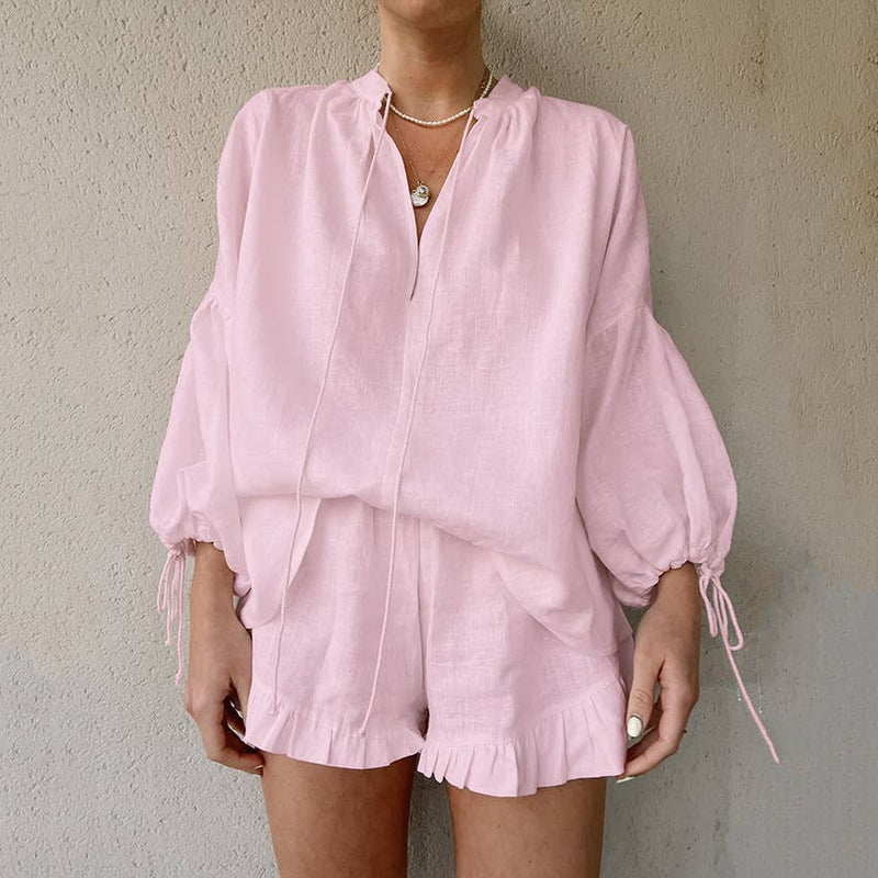 Solid color V-neck top shorts cotton linen suit