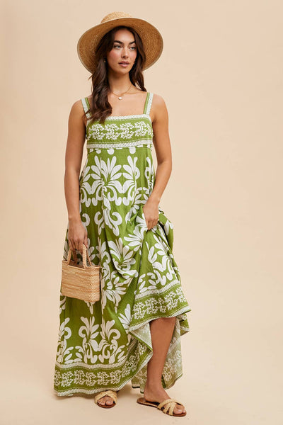 RESORT BORDER PRINT MAXI DRESS: PALM/BRAN
