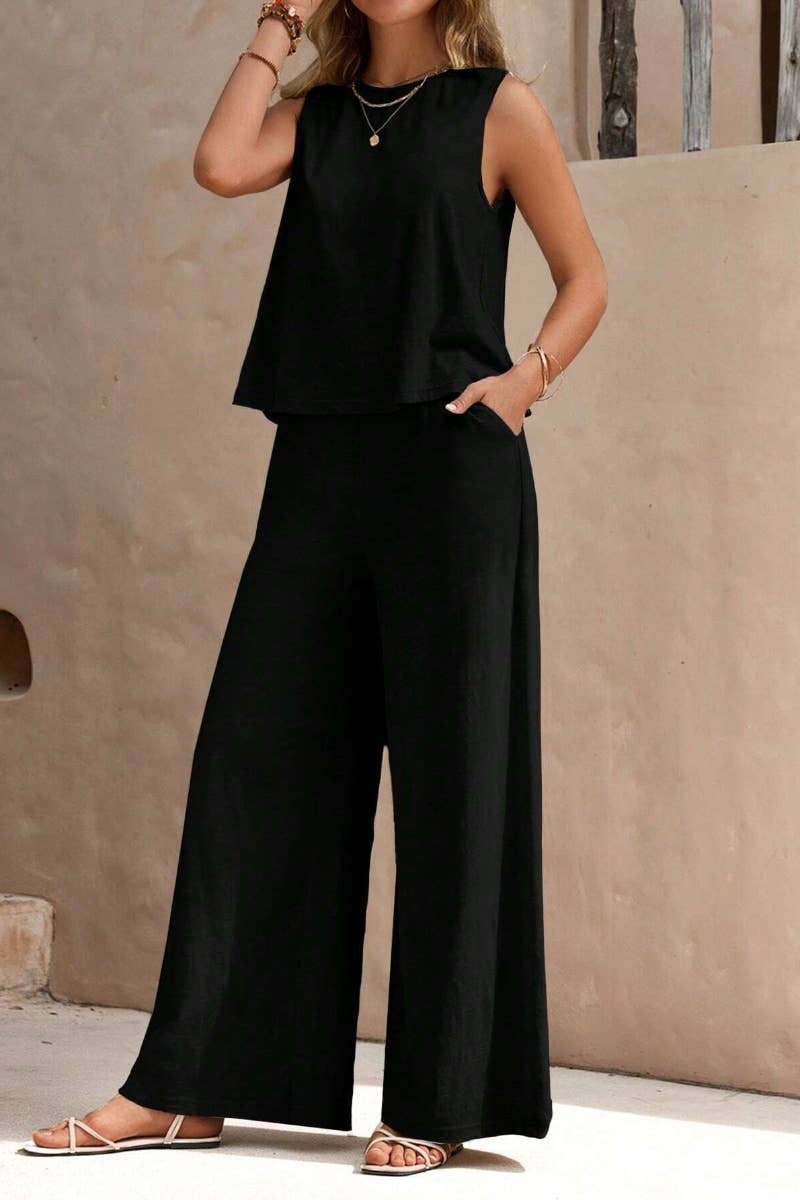 CREW NECK SLEEVELESS TOP PANTS SUIT