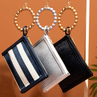 Navy Blue Stripe Woven Straw Wristlet Pouch | Summer Style