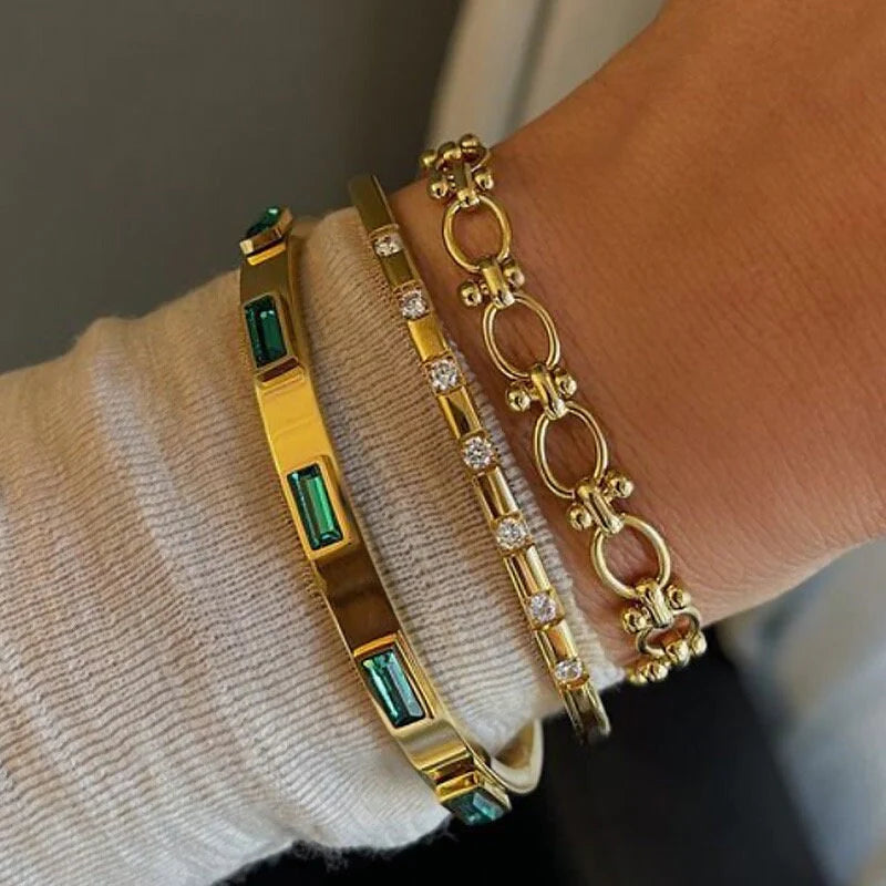 18K Gold Cuban Chain Bracelet; Diamond Tennis Bracelet (White)
