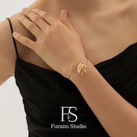18K Gold Plated Leaf Bracelet, Open Adjustable Bangle