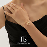 18K Gold Plated Leaf Bracelet, Open Adjustable Bangle