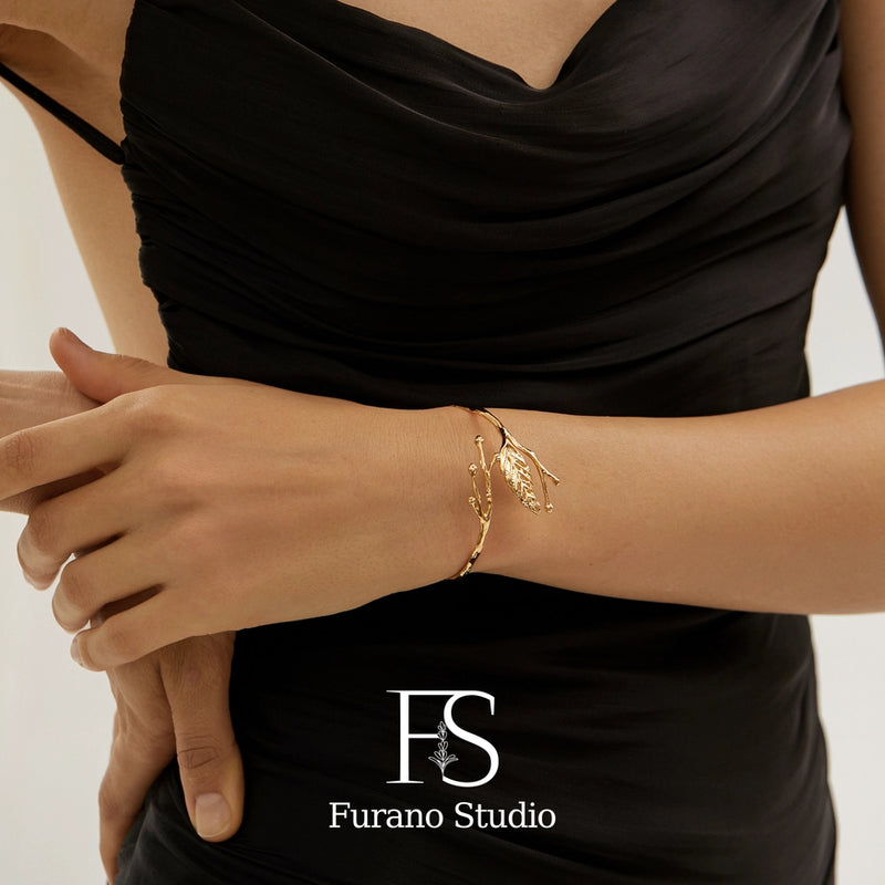 18K Gold Plated Leaf Bracelet, Open Adjustable Bangle