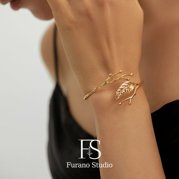 18K Gold Plated Leaf Bracelet, Open Adjustable Bangle - alternate