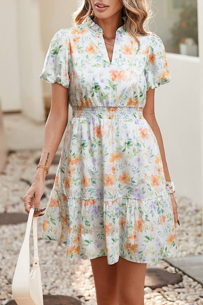 Floral Print Shirred High Waist Puff Sleeve Mini Dress