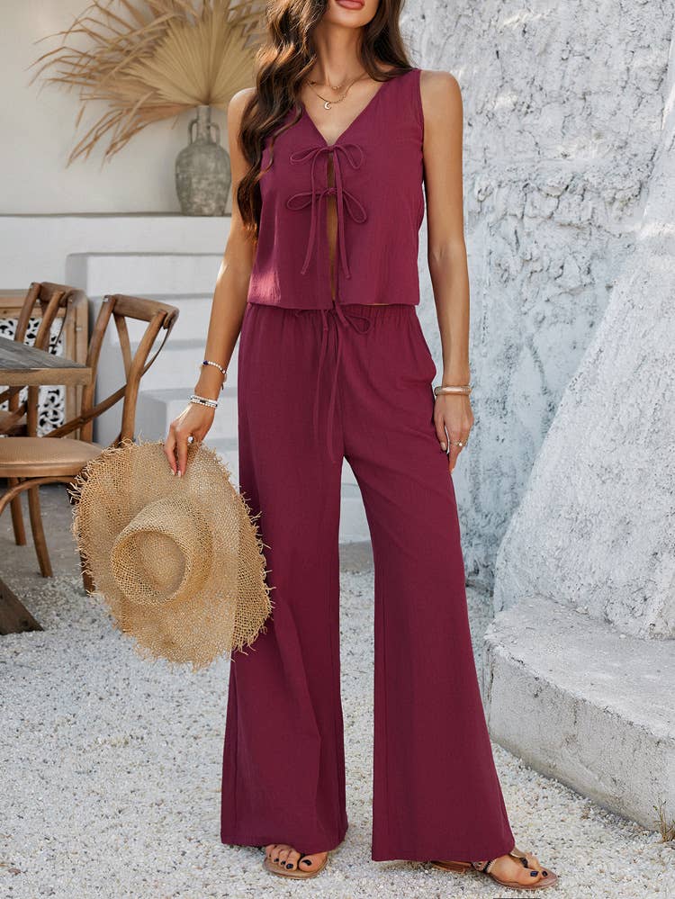 Casual sleeveless lace-up vest wide leg pantsuit