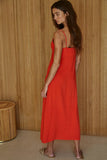 L8172 | Woven Linen Rayon Button Down V-Neck Midi Dress: Red Orange
