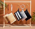 Tan Woven  Rattan & Leather  Wristlet Pouch  | Summer Luxe