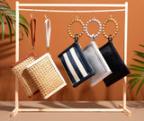 Tan Woven  Rattan & Leather  Wristlet Pouch  | Summer Luxe