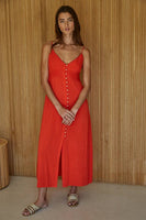 L8172 | Woven Linen Rayon Button Down V-Neck Midi Dress: Red Orange