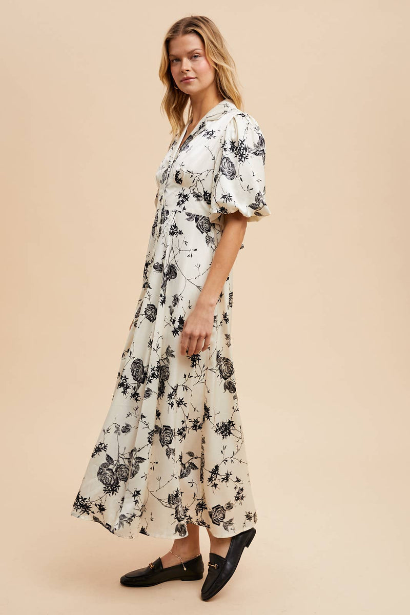 SATIN FLORAL BUTTON DOWN DRESS