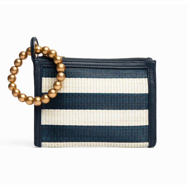 Navy Blue Stripe Woven Straw Wristlet Pouch | Summer Style - alternate