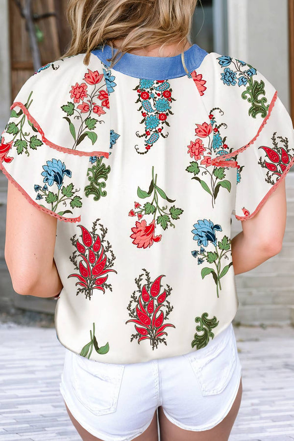 Cream Floral Print Top: White - alternate