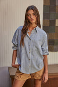 Woven Cotton Collar Neck Button Front Long Sleeve: Pink