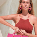 Pink Wooden Bead & Gold Pendant Statement Earrings | Spring