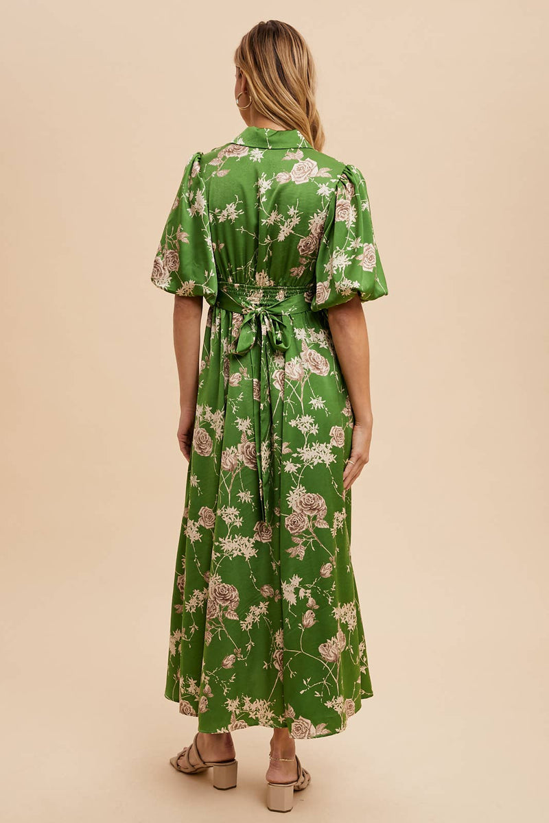 SATIN FLORAL BUTTON DOWN DRESS