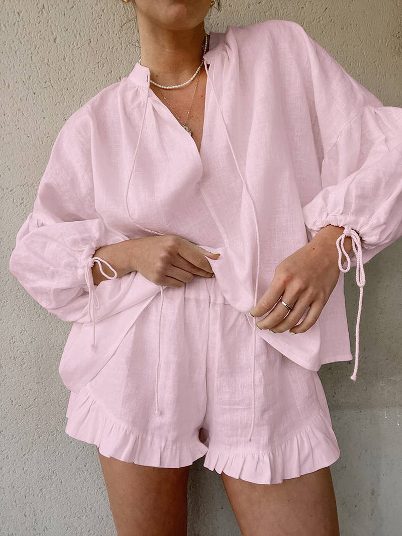 Solid color V-neck top shorts cotton linen suit