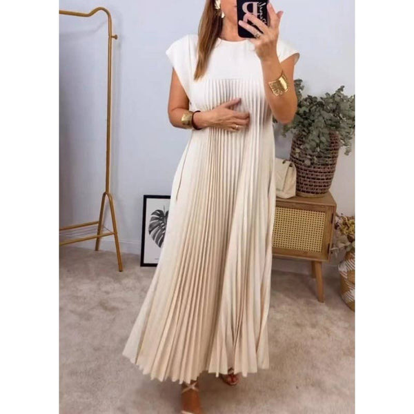 Elegant fashion round neck sleeveless pleated long dress - alternate