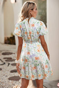 Floral Print Shirred High Waist Puff Sleeve Mini Dress