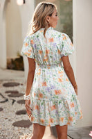 Floral Print Shirred High Waist Puff Sleeve Mini Dress