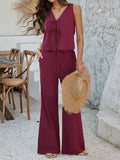 Casual sleeveless lace-up vest wide leg pantsuit