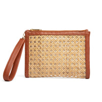 Tan Woven  Rattan & Leather  Wristlet Pouch  | Summer Luxe