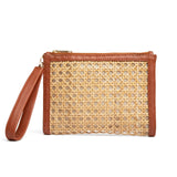 Tan Woven  Rattan & Leather  Wristlet Pouch  | Summer Luxe