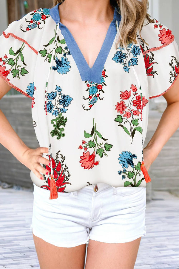 Cream Floral Print Top: White