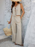 Casual sleeveless lace-up vest wide leg pantsuit