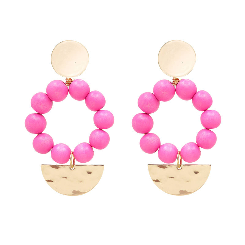 Pink Wooden Bead & Gold Pendant Statement Earrings | Spring