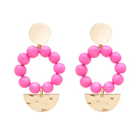 Pink Wooden Bead & Gold Pendant Statement Earrings | Spring