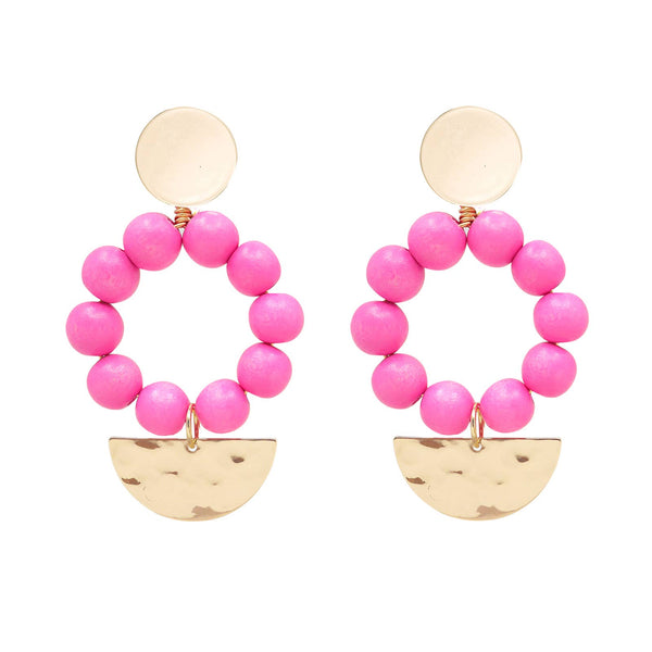 Pink Wooden Bead & Gold Pendant Statement Earrings | Spring