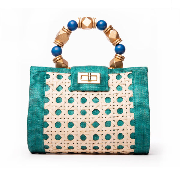Teal Green,blue & Gold Artisan Made Rattan Statement Bag - alternate