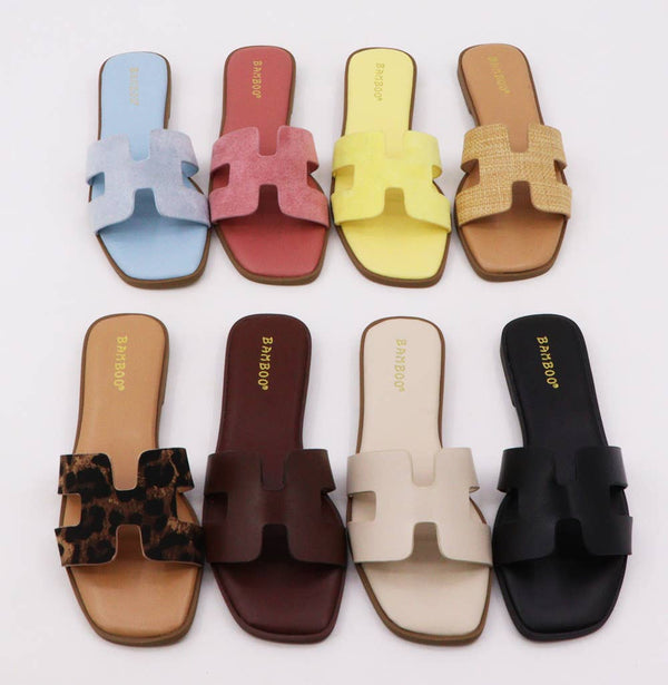 Bamboo CONCEPT-27 Women H-cutout Strap Slipon Flat Sandals: IVORY SOFT PU / 18A-5.5(1)-6(2)-6.5(2)-7(3)-7.5(3)-8(3)-8.5(2)-9(1)-10(1) - alternate