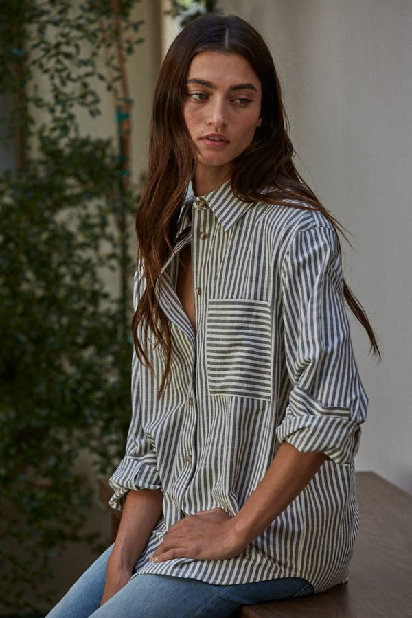 Woven Cotton Collar Neck Button Front Long Sleeve: Green - alternate