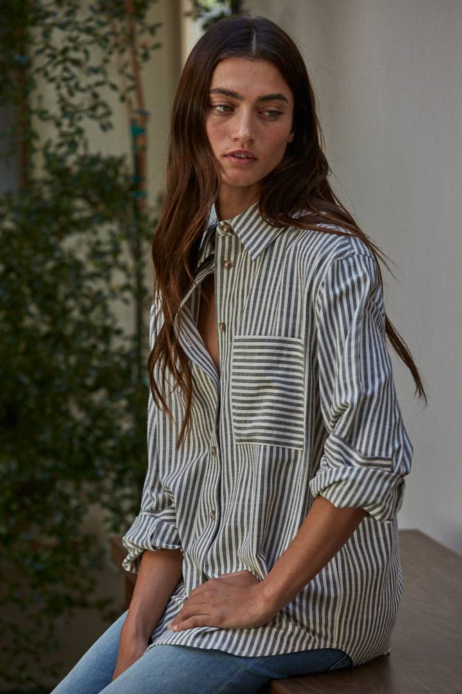 Woven Cotton Collar Neck Button Front Long Sleeve: Pink