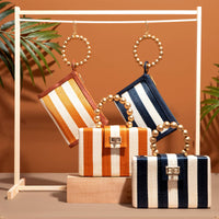 Navy Blue Stripe Woven Straw Wristlet Pouch | Summer Style