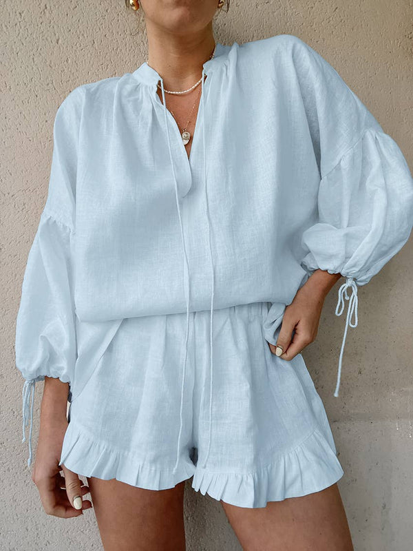 Solid color V-neck top shorts cotton linen suit - alternate