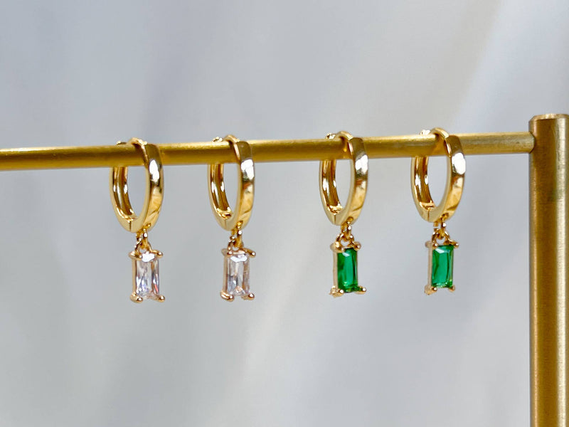 E166 huggie hoop earrings, emerald earring, dangle earring: Colorless