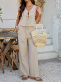 Casual sleeveless lace-up vest wide leg pantsuit