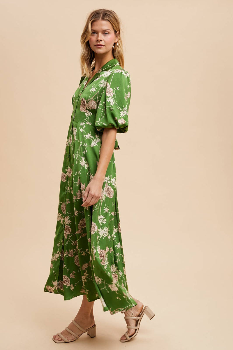 SATIN FLORAL BUTTON DOWN DRESS