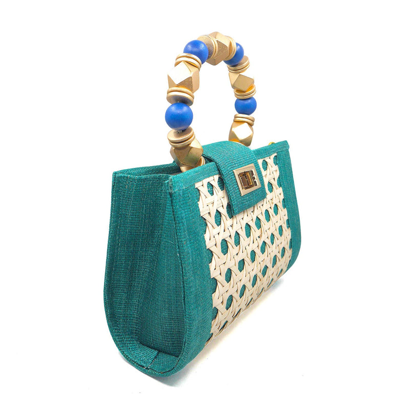 Teal Green,blue & Gold Artisan Made Rattan Statement Bag