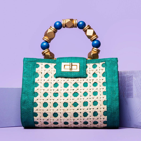 Teal Green,blue & Gold Artisan Made Rattan Statement Bag
