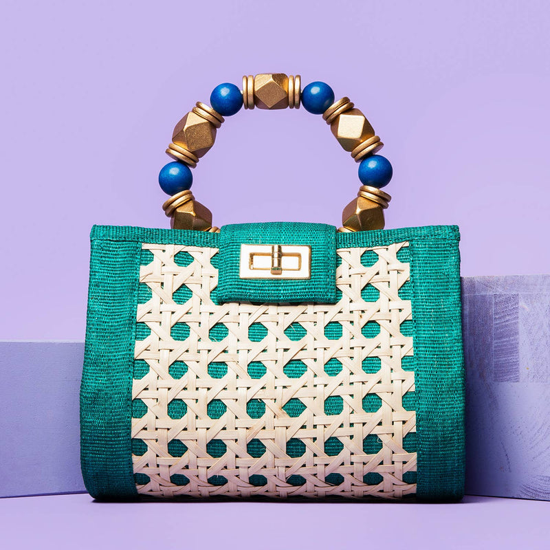 Teal Green,blue & Gold Artisan Made Rattan Statement Bag