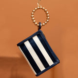 Navy Blue Stripe Woven Straw Wristlet Pouch | Summer Style