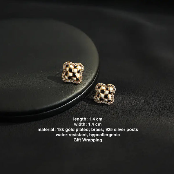 18k gold Clover White and black fun Checker Stud Earring - alternate