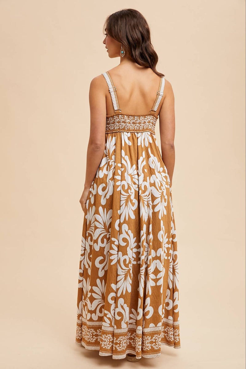 RESORT BORDER PRINT MAXI DRESS: PALM/BRAN