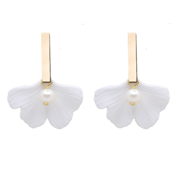 White Ginkgo Leaf & Fresh Water Pearl Statement Earring